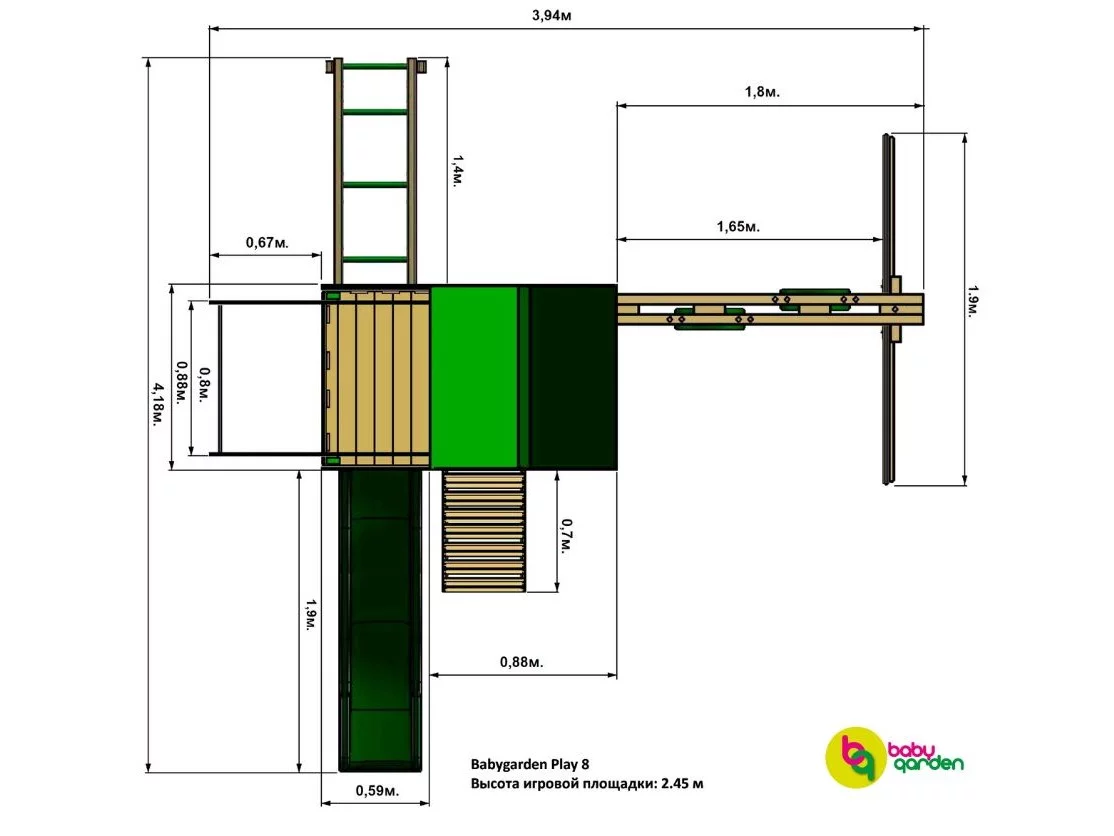 Детская игровая площадка BabyGarden Play 8 LG с балконом, турником, веревочной лестницей, трапецией и светло-зеленой горкой 2,20 метра